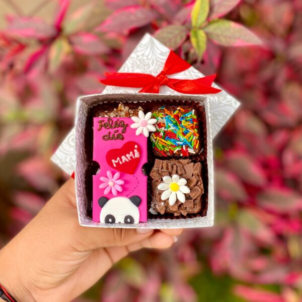Cajita de 4 mini brownies con topper de fondant decorado con la carita de un medio panda, flores y la frase “Feliz día, mamá”.