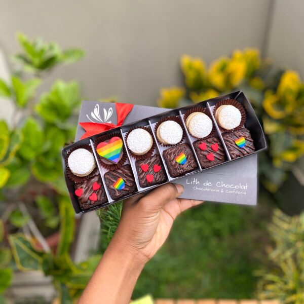 Caja vintage con 6 alfajores y 6 brownies decorados con corazones de fondant en los colores de la bandera Pride.