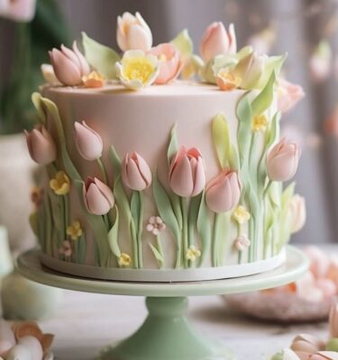 Torta de un piso cubierta en fondant blanco, decorada con elegantes flores 3D de azúcar en tonos delicados
