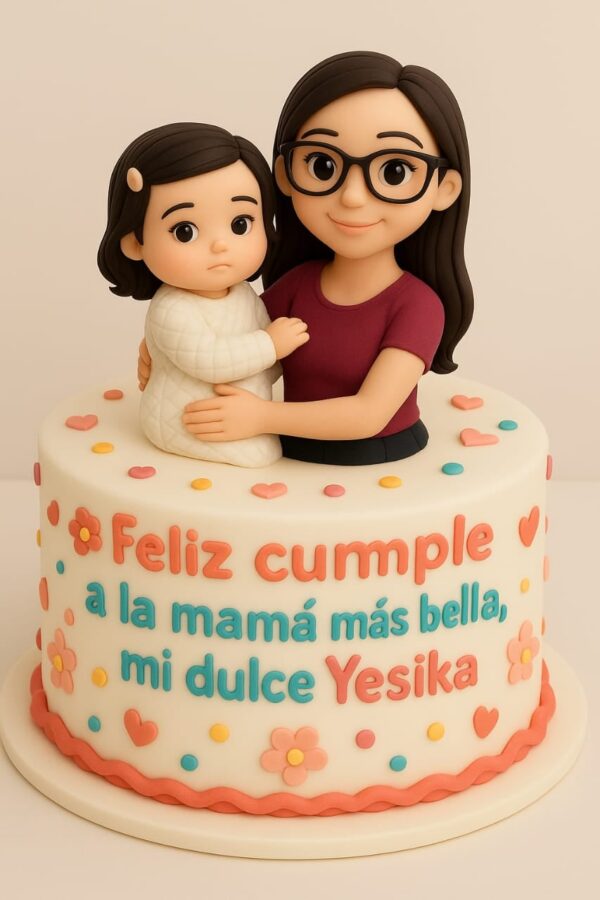 Torta en fondant con figura 3D de una mamá y su bebé, acompañada de decoraciones tiernas también en fondant.